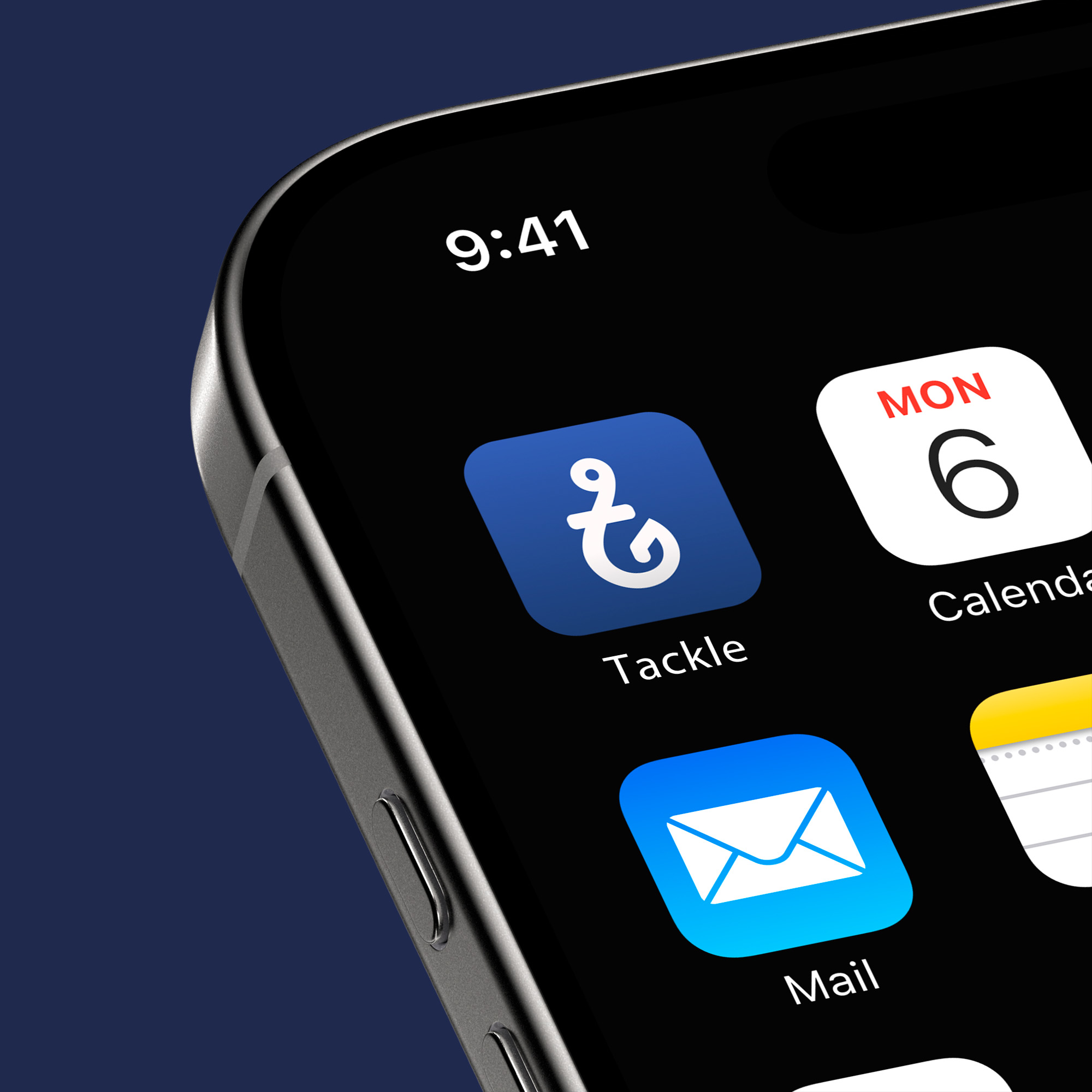An iPhone home screen with the Tackle app installed in the top left corner on the phone.